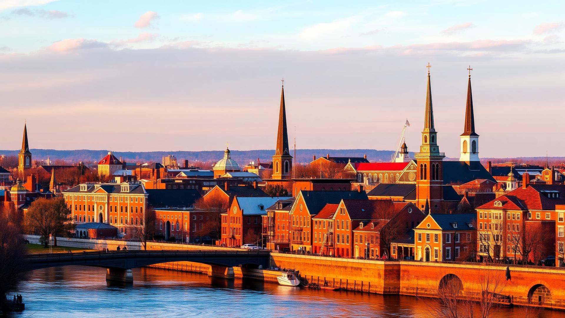 Skyline of a historic American city with colonial brick buildings and church steeples at golden hour